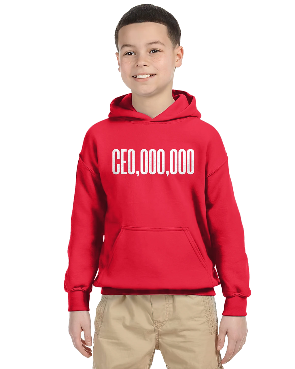 Red unisex kids hoodie with a graphic print, paired with tan casual pants.