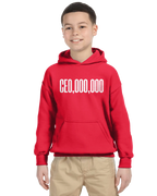 Red unisex kids hoodie with a graphic print, paired with tan casual pants.