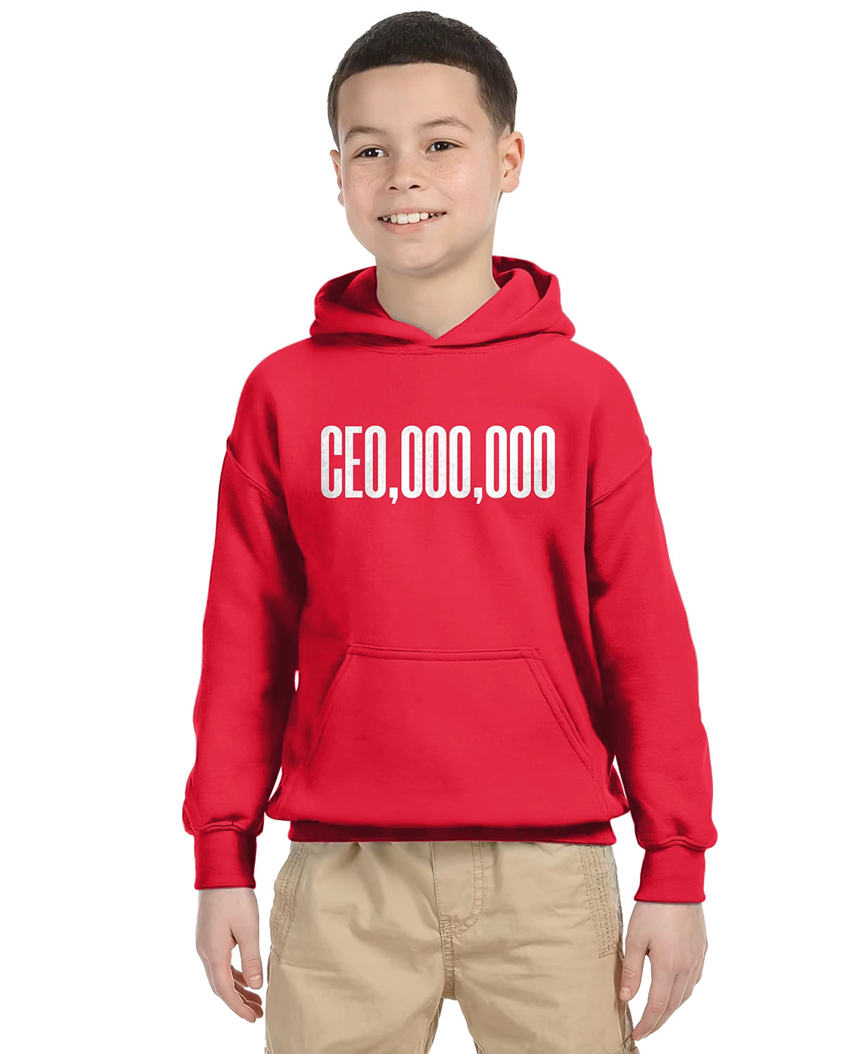 Red unisex kids hoodie with a graphic print, paired with tan casual pants.