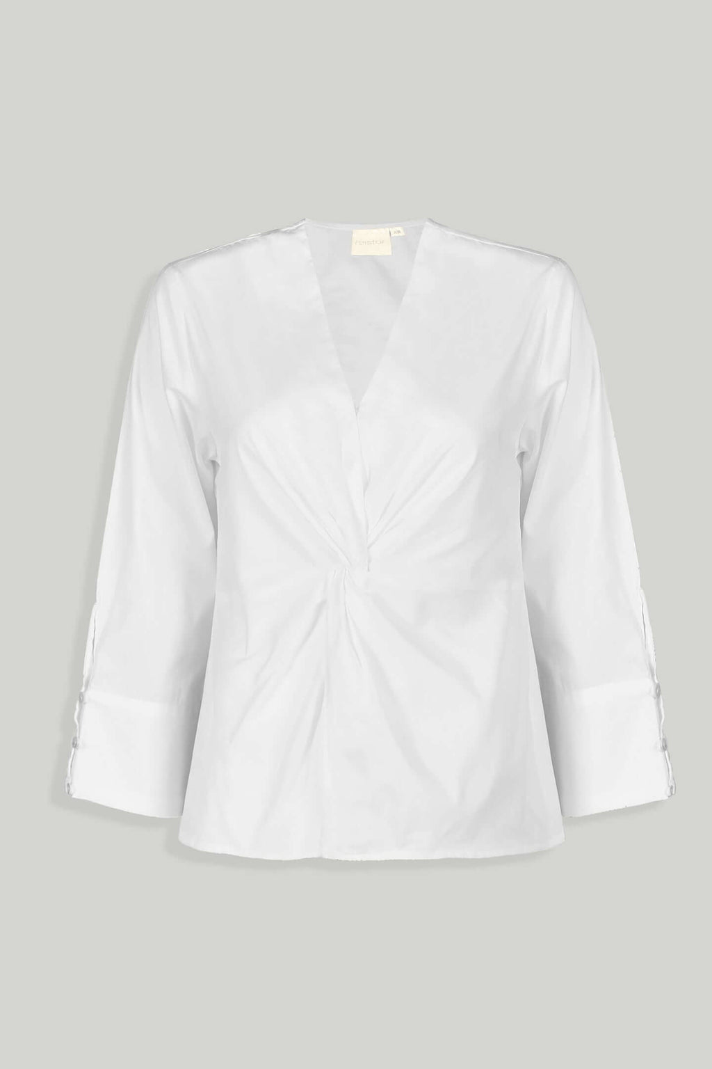 White blouse with front twist by reistor with three quarter sleeves and buttoned cuffs.