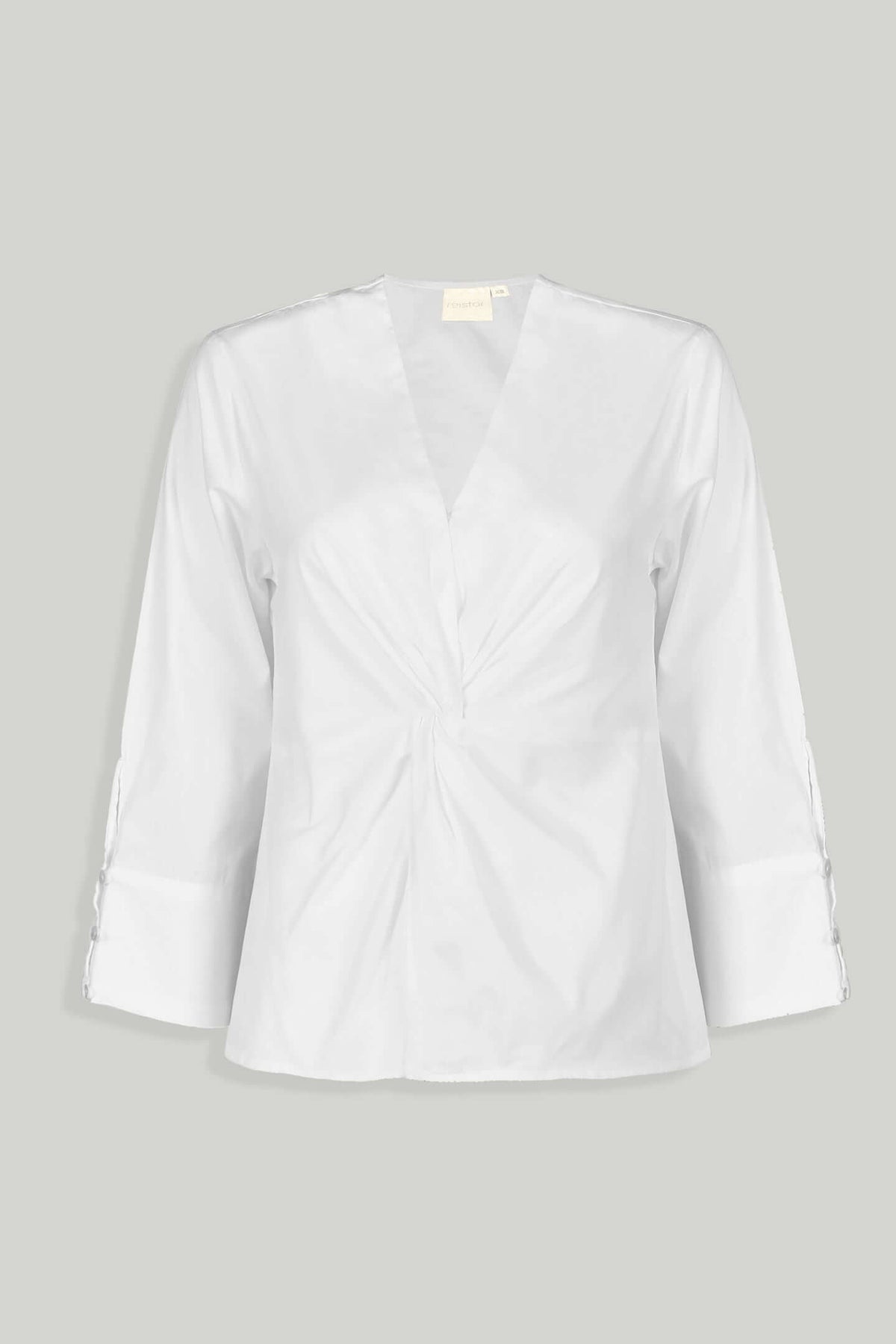 White blouse with front twist by reistor with three quarter sleeves and buttoned cuffs.