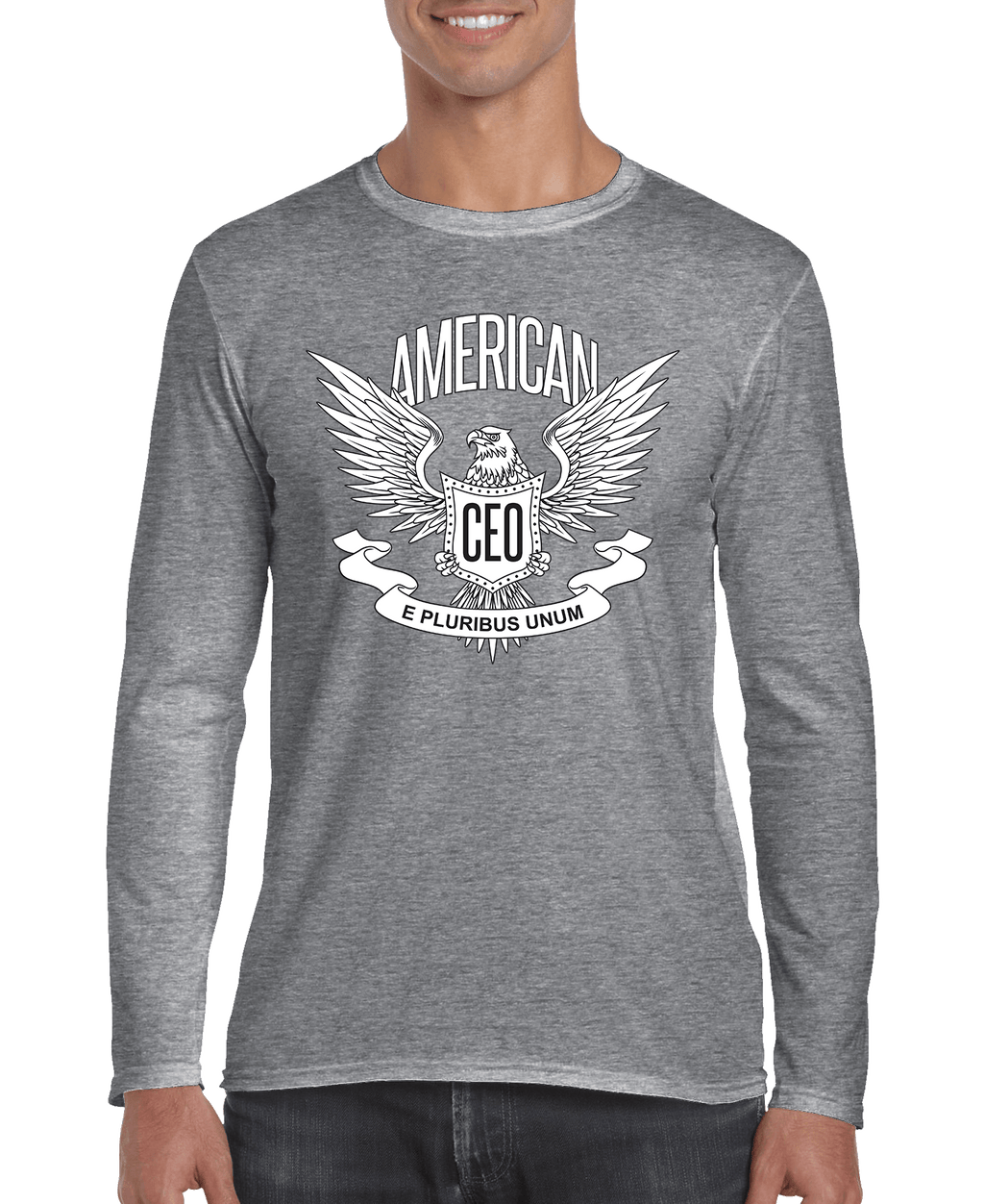 Gray long sleeve shirt by DC-THE CEO, featuring a patriotic eagle graphic with CEO text and "E Pluribus Unum" banner.