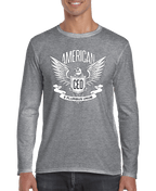 Gray long sleeve shirt by DC-THE CEO, featuring a patriotic eagle graphic with CEO text and "E Pluribus Unum" banner.