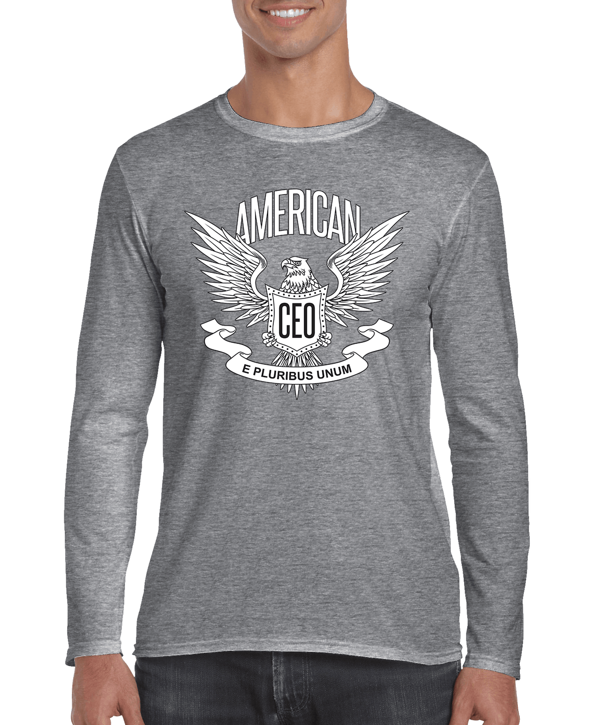 Gray long sleeve shirt by DC-THE CEO, featuring a patriotic eagle graphic with CEO text and "E Pluribus Unum" banner.