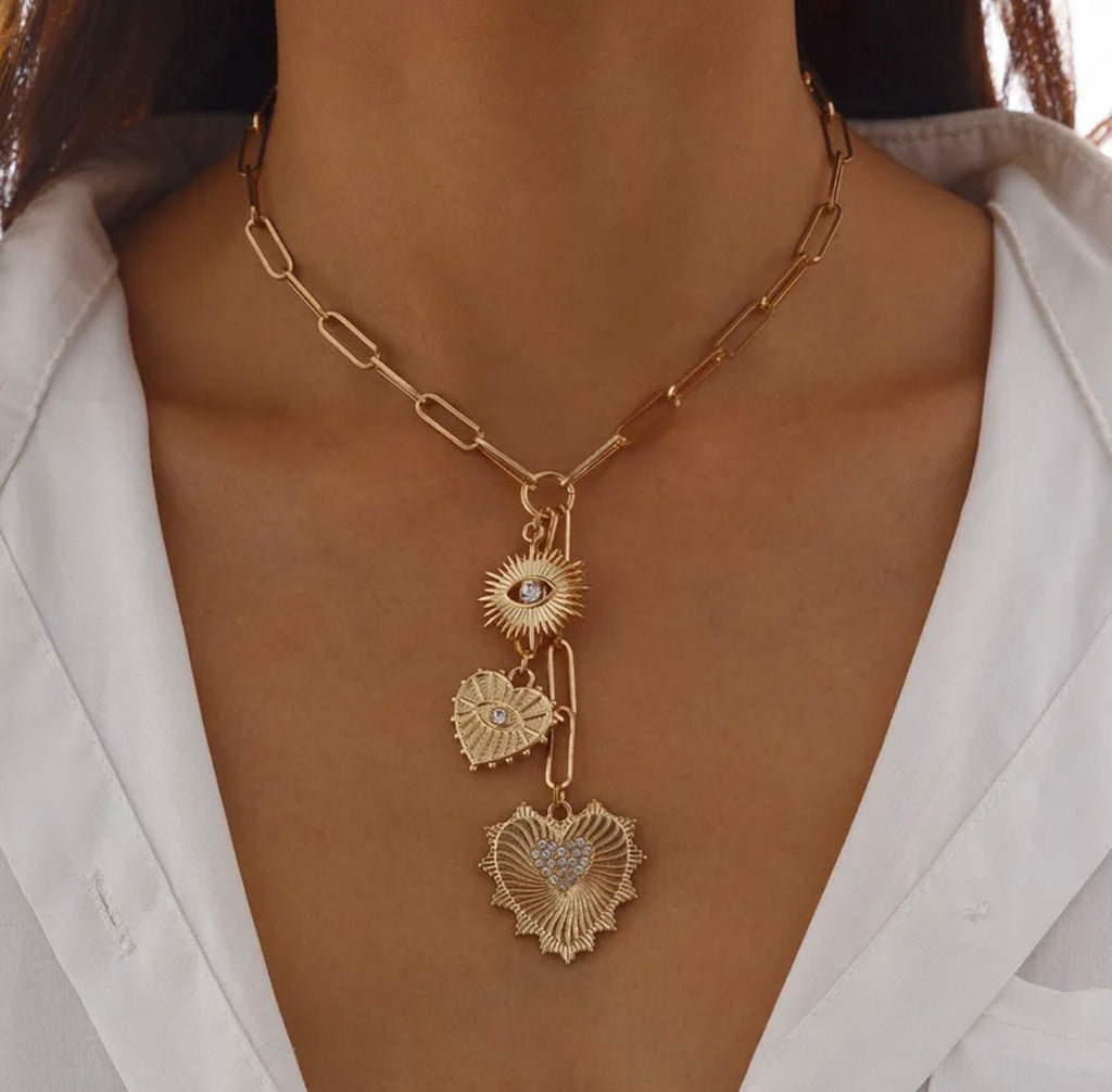 Radiant Spiked Heart Evil Eye Dangler Necklace - Love