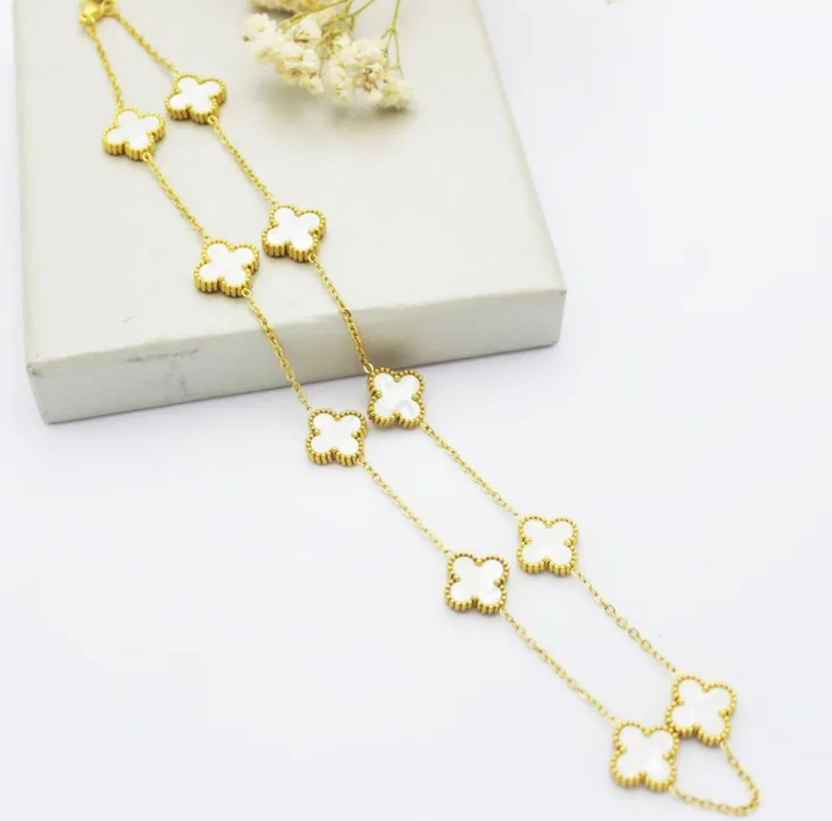 Long Pearl Shell Clover Necklace - Love. Luck. Hope & Faith