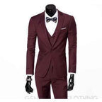Men's Wine One Button Slim Fit Suit - Three Piece
