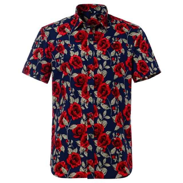 Navy Rose Hawaiian Cotton Short Sleeve Shirt