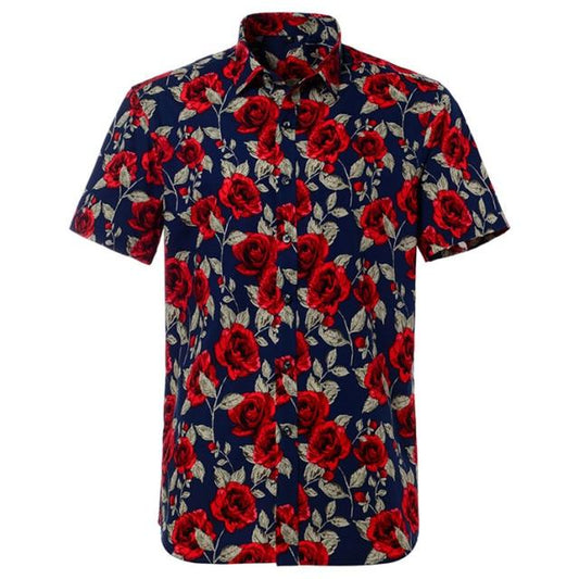 Navy Rose Hawaiian Cotton Short Sleeve Shirt
