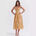 Floral Printed French Lace-Up Halter Dress - Sleeveless Spaghetti Strap Holiday Party Dress with Suspender Detail