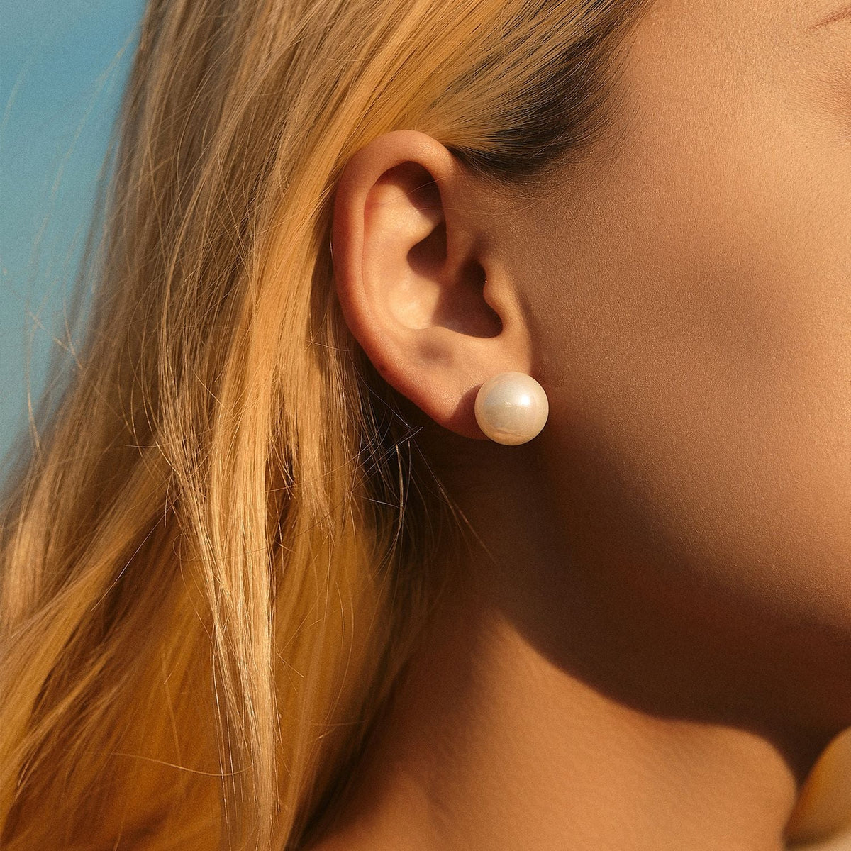 Geometric Pearl Stud Earrings in Sterling Silver with Clear Crystal Accents