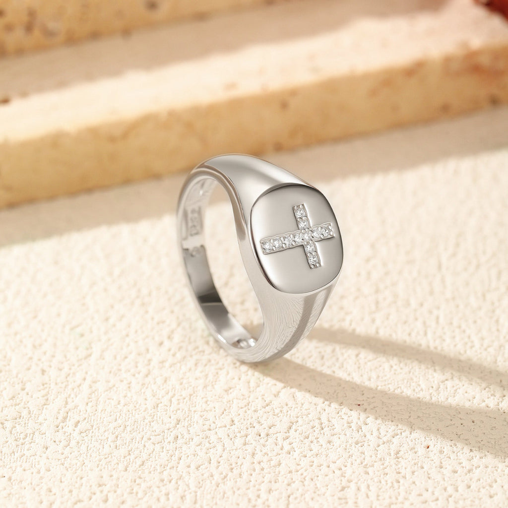 Geometric Cross Signet Engagement Ring in Sterling Silver with D-Color VVS1 Moissanite Accents