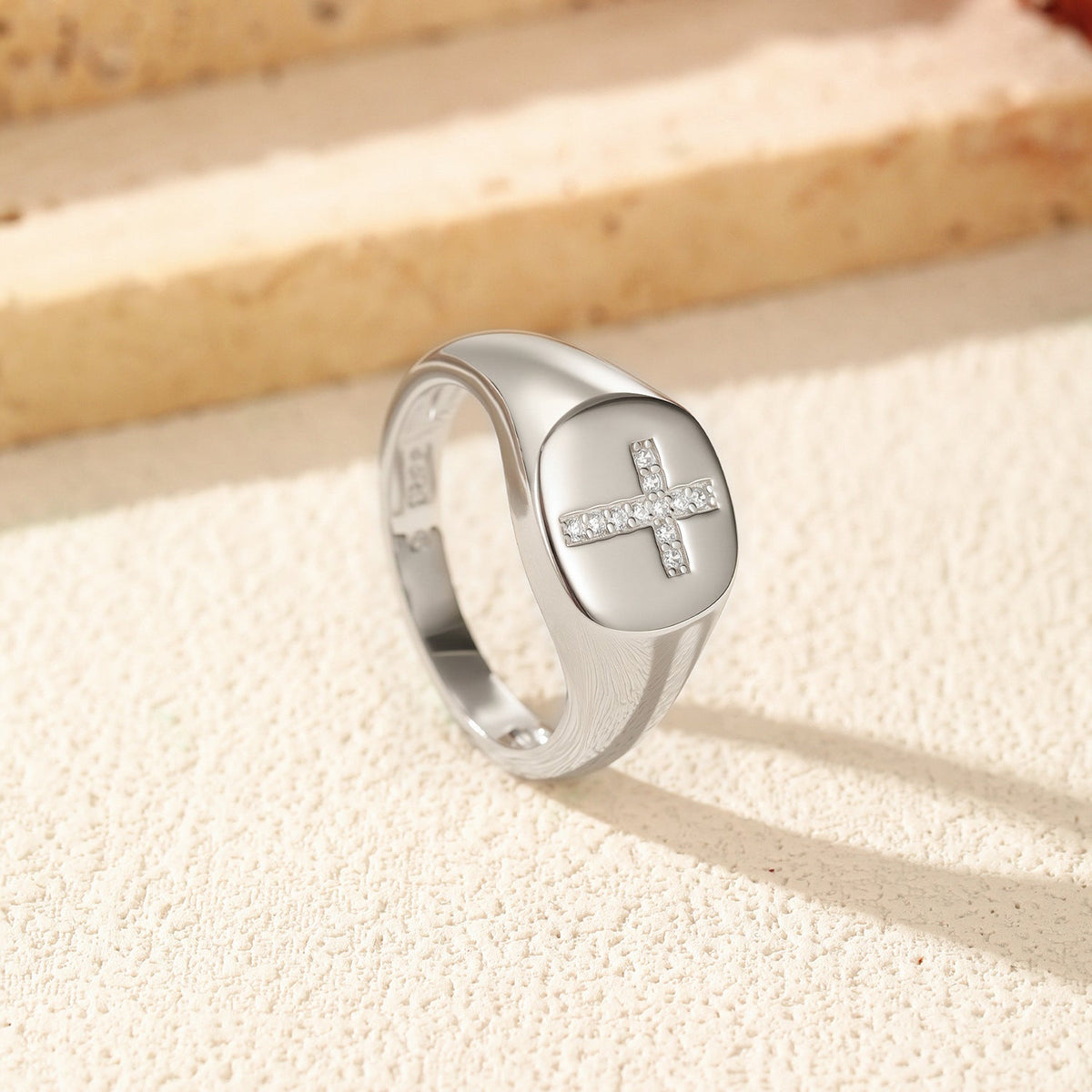 Geometric Cross Signet Engagement Ring in Sterling Silver with D-Color VVS1 Moissanite Accents