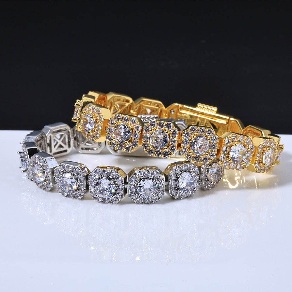 Stacking Geometric Zirconia-Set Hip Hop Chain Bracelet in Gold or White Gold – 10mm or 12mm Width