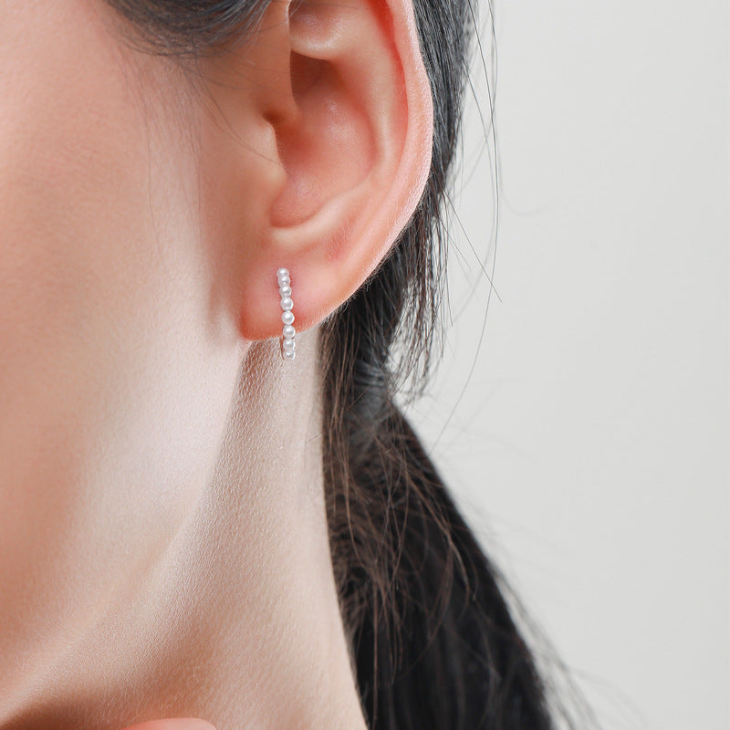 Minimalist Sterling Silver Pearl Hoop Earrings with Geometric Design