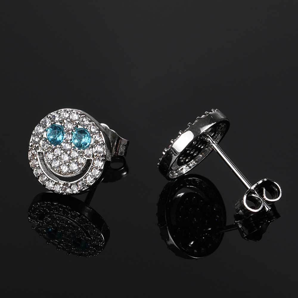 Smiling Face Zirconia Stud Earrings in Gold or White Gold Plated Brass with 925 Sterling Silver Posts