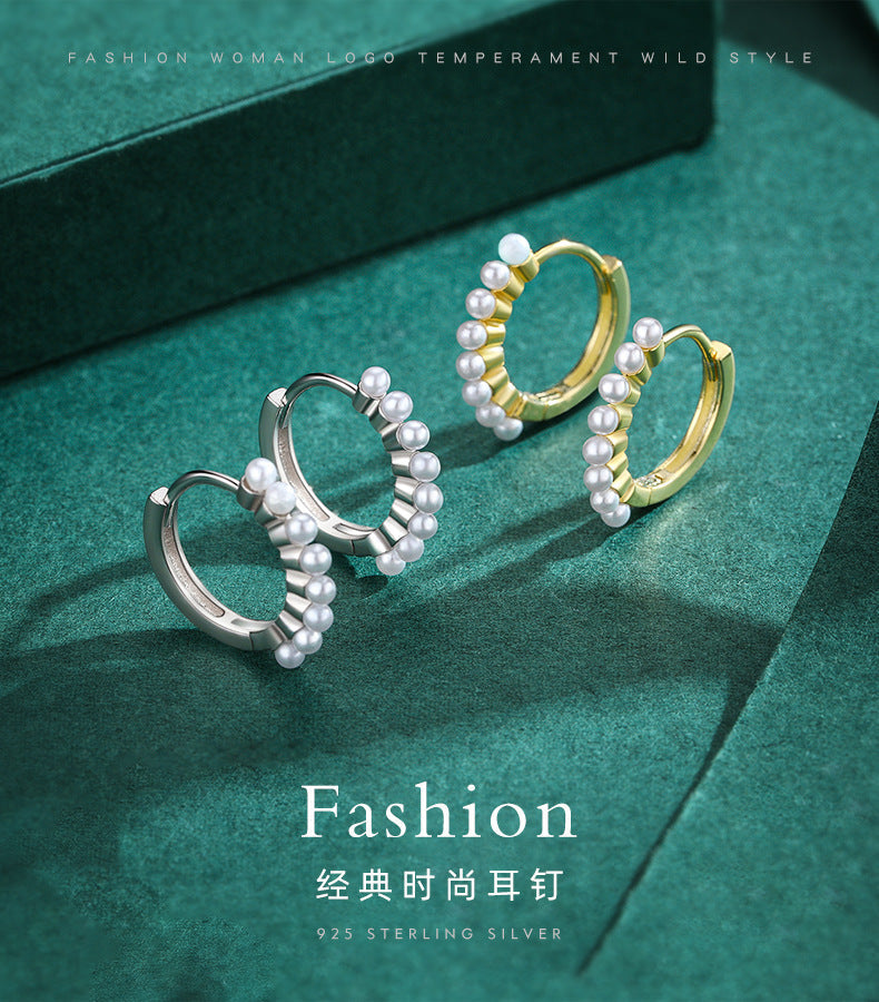 Minimalist Sterling Silver Pearl Hoop Earrings with Geometric Design