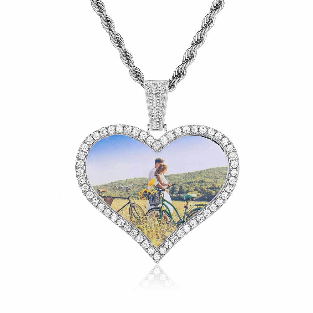 Large Heart Photo Pendant Necklace with Cubic Zirconia Stones in Gold or White Gold