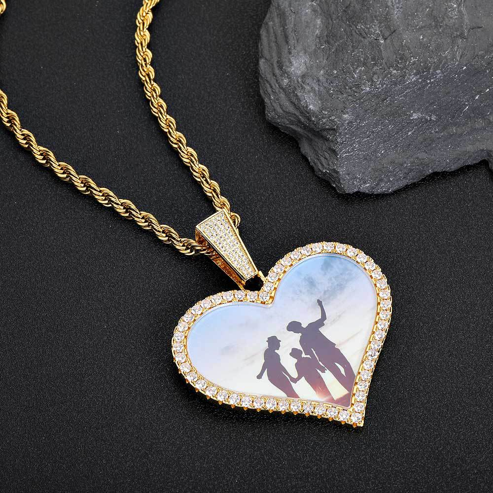 Large Heart Photo Pendant Necklace with Cubic Zirconia Stones in Gold or White Gold