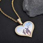 Large Heart Photo Pendant Necklace with Cubic Zirconia Stones in Gold or White Gold