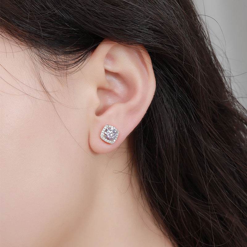 S925 Magnetic Multicolor Moissanite Square Halo Stud Earrings for Men Women,  0.5/1ct Round Cut, Inlaid Magnetic Earrings Non-Piercing Clip On Stud Earring