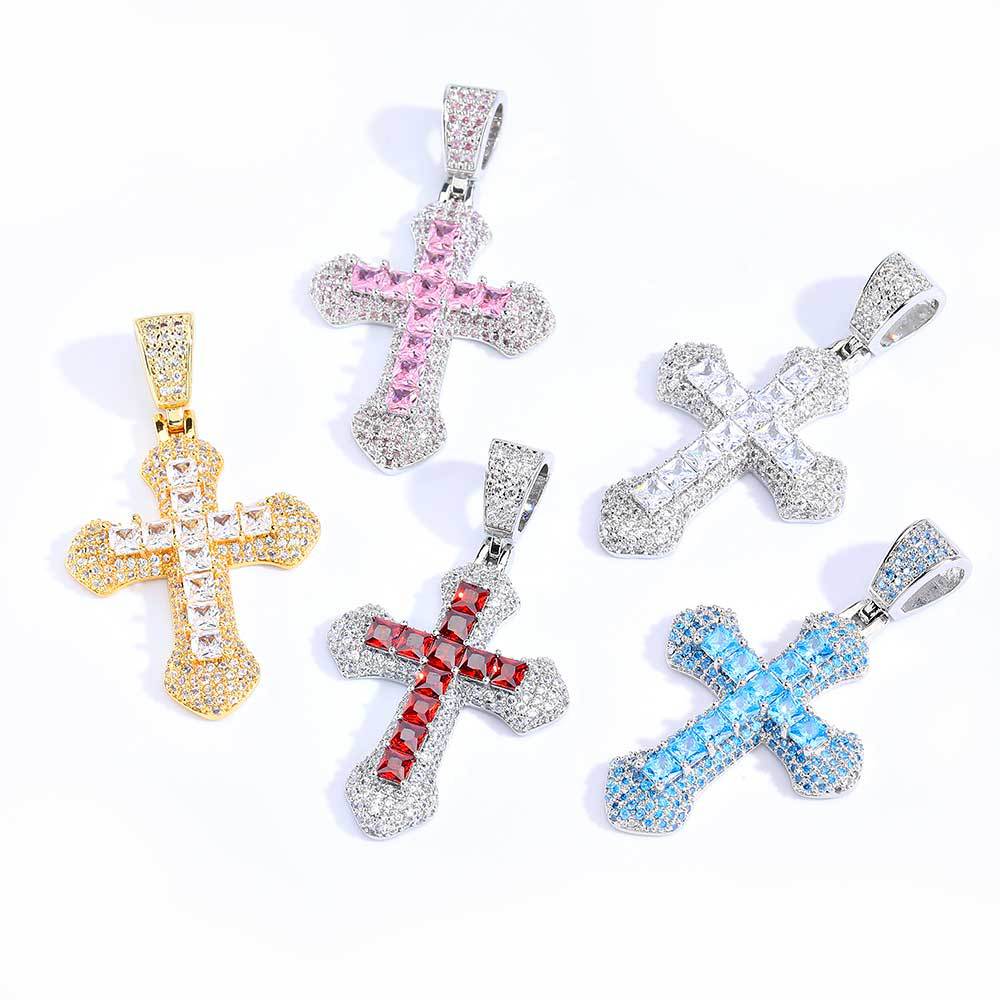 Geometric Cross Pendant Necklace with Cubic Zirconia Stones in Gold, White Gold, or Dual-Tone Finish