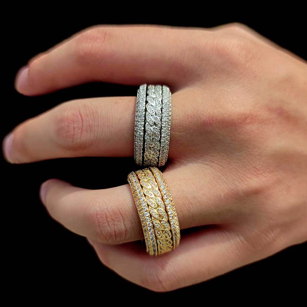 Geometric Hip Hop Ring with Cubic Zirconia Stones in Gold or White Gold