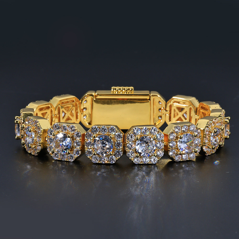 Stacking Geometric Zirconia-Set Hip Hop Chain Bracelet in Gold or White Gold – 10mm or 12mm Width