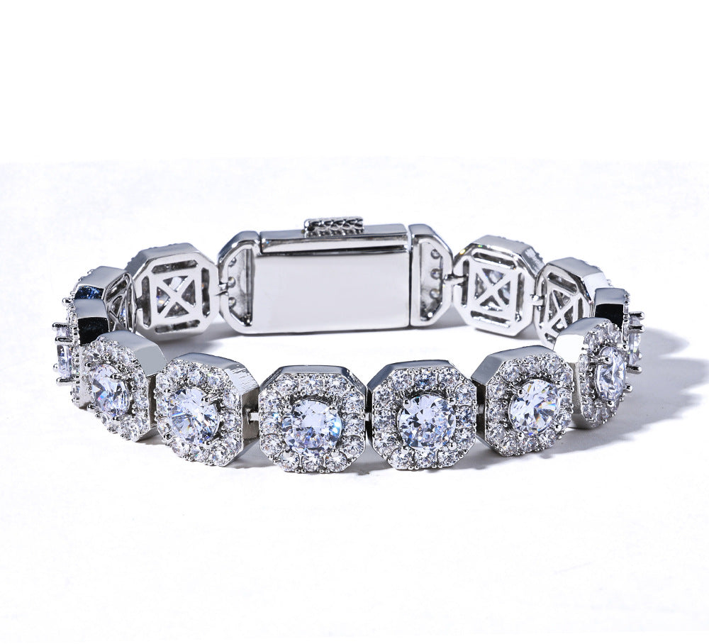 Stacking Geometric Zirconia-Set Hip Hop Chain Bracelet in Gold or White Gold – 10mm or 12mm Width