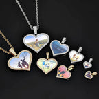 Large Heart Photo Pendant Necklace with Cubic Zirconia Stones in Gold or White Gold