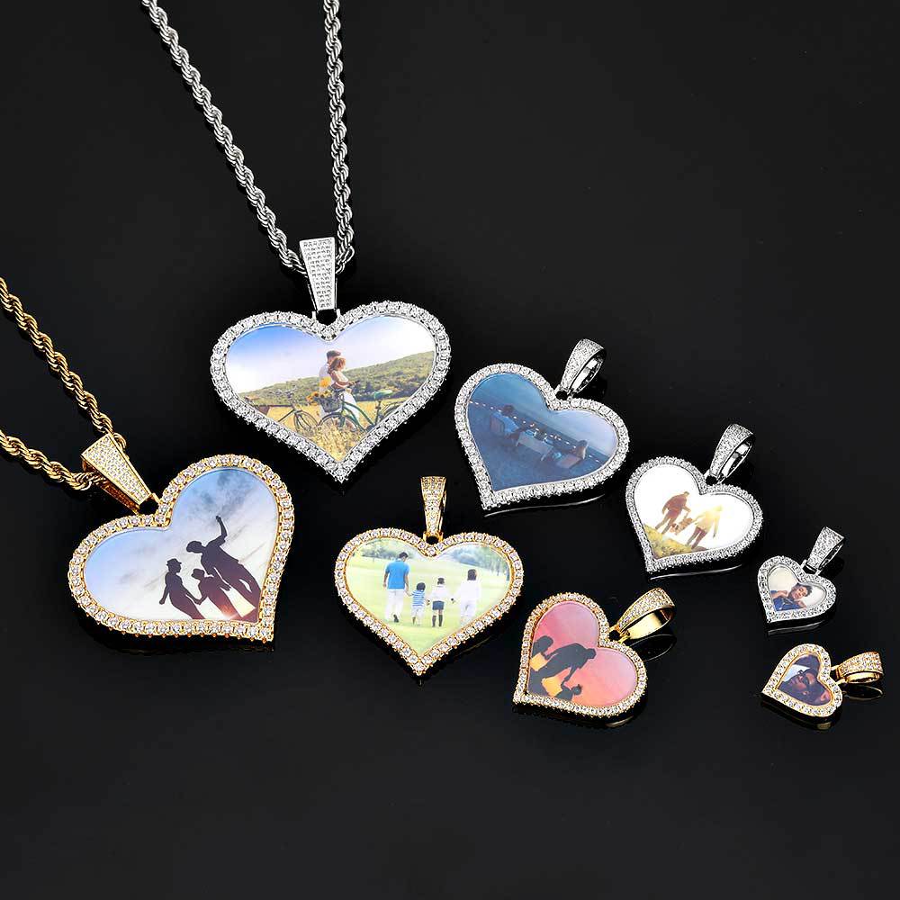 Large Heart Photo Pendant Necklace with Cubic Zirconia Stones in Gold or White Gold