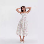 Floral Printed French Lace-Up Halter Dress - Sleeveless Spaghetti Strap Holiday Party Dress with Suspender Detail