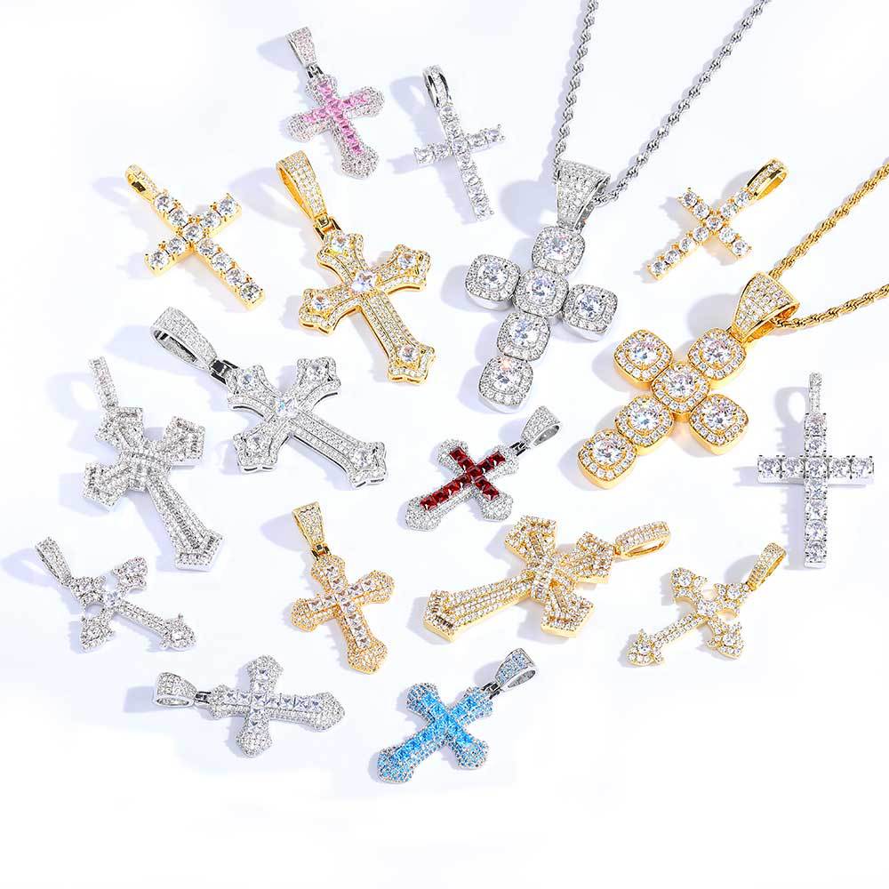 Geometric Cross Pendant Necklace with Cubic Zirconia Stones in Gold, White Gold, or Dual-Tone Finish