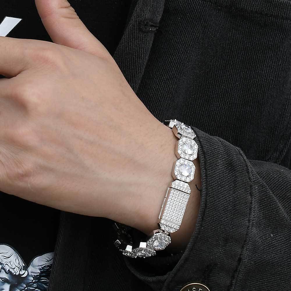 Stacking Geometric Zirconia-Set Hip Hop Chain Bracelet in Gold or White Gold – 10mm or 12mm Width