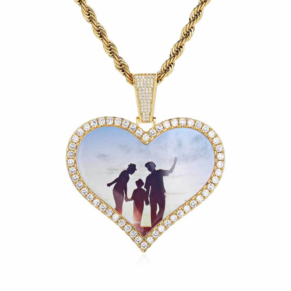 Large Heart Photo Pendant Necklace with Cubic Zirconia Stones in Gold or White Gold