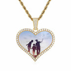 Large Heart Photo Pendant Necklace with Cubic Zirconia Stones in Gold or White Gold