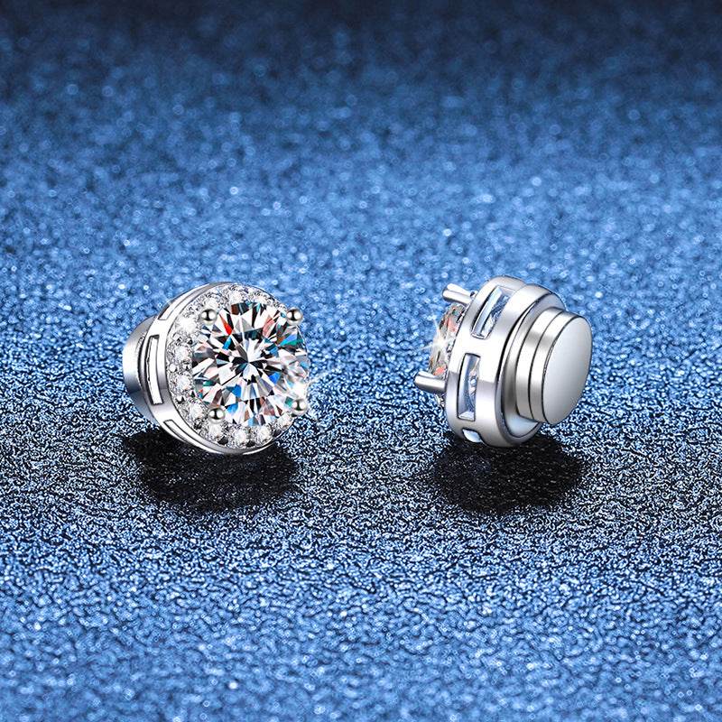 S925 Magnetic Moissanite / CZ Round Halo Stud Earrings for Men Women, 1ct 6.5mm Round Cut, Inlaid Magnetic Earrings Non-Piercing Clip On Stud Earring