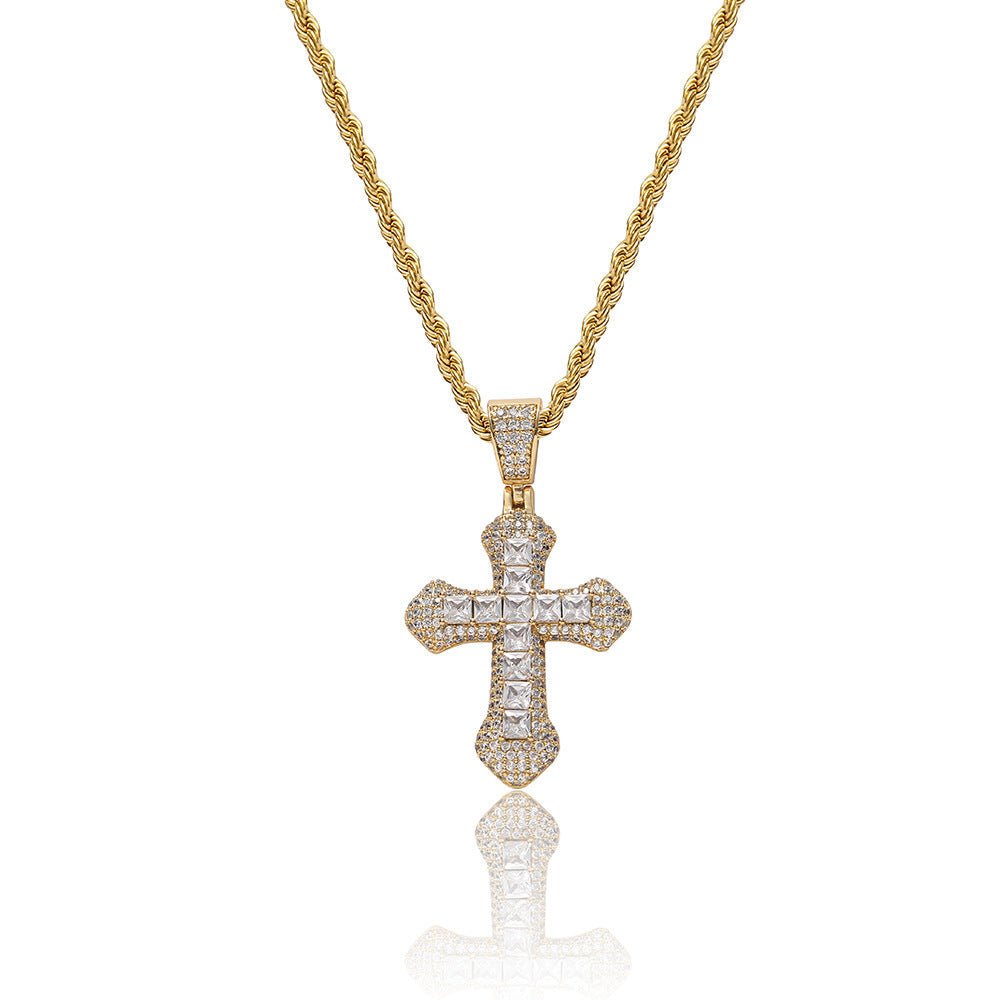 Geometric Cross Pendant Necklace with Cubic Zirconia Stones in Gold, White Gold, or Dual-Tone Finish