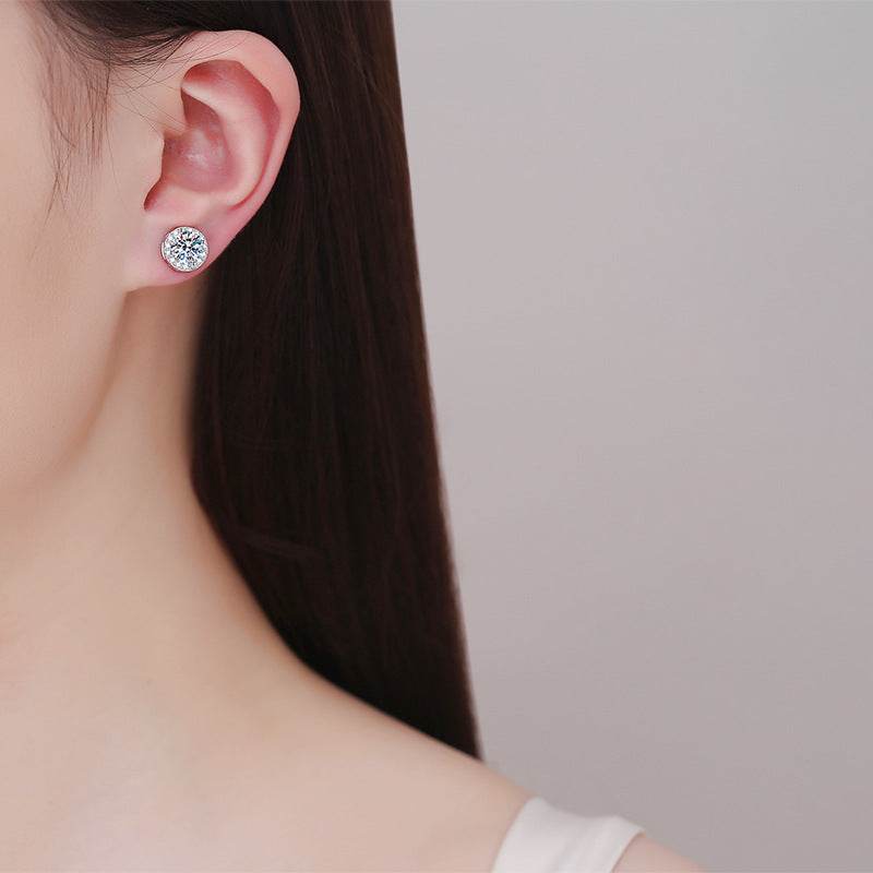 S925 Magnetic Moissanite / CZ Round Halo Stud Earrings for Men Women, 1ct 6.5mm Round Cut, Inlaid Magnetic Earrings Non-Piercing Clip On Stud Earring