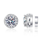 S925 Magnetic Moissanite / CZ Round Halo Stud Earrings for Men Women, 1ct 6.5mm Round Cut, Inlaid Magnetic Earrings Non-Piercing Clip On Stud Earring