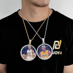 Hip Hop Round Photo Pendant Necklace with Cubic Zirconia in Gold or White Gold