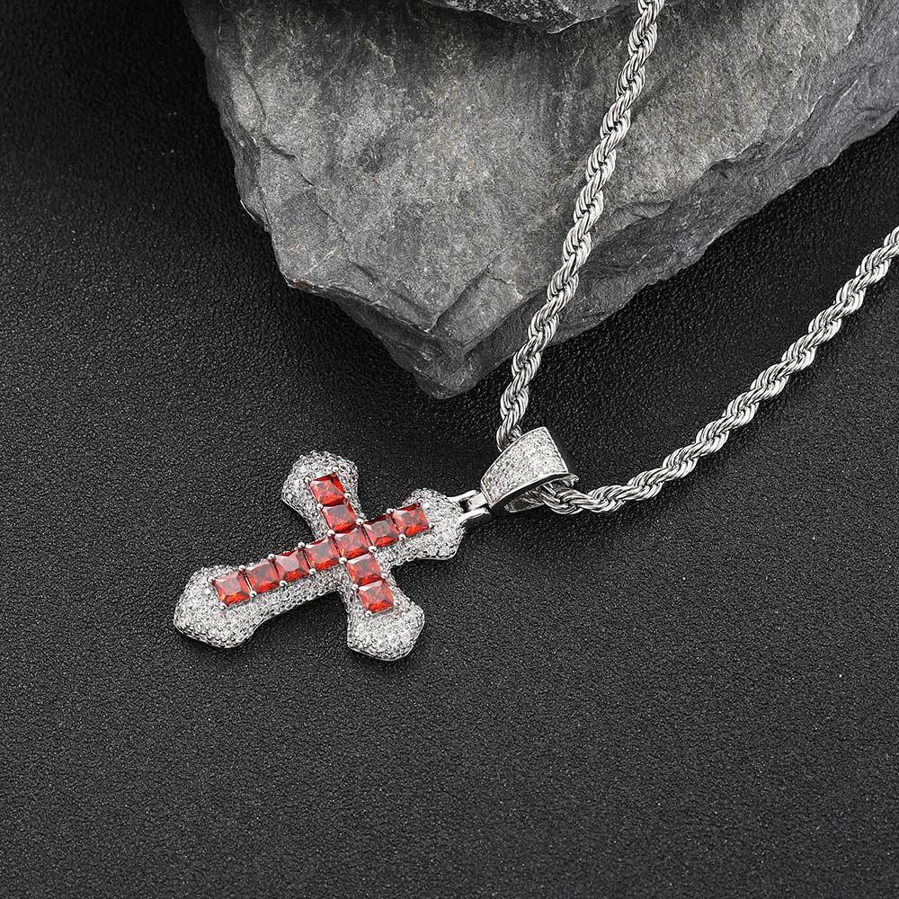 Geometric Cross Pendant Necklace with Cubic Zirconia Stones in Gold, White Gold, or Dual-Tone Finish