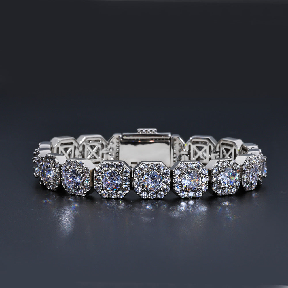 Stacking Geometric Zirconia-Set Hip Hop Chain Bracelet in Gold or White Gold – 10mm or 12mm Width