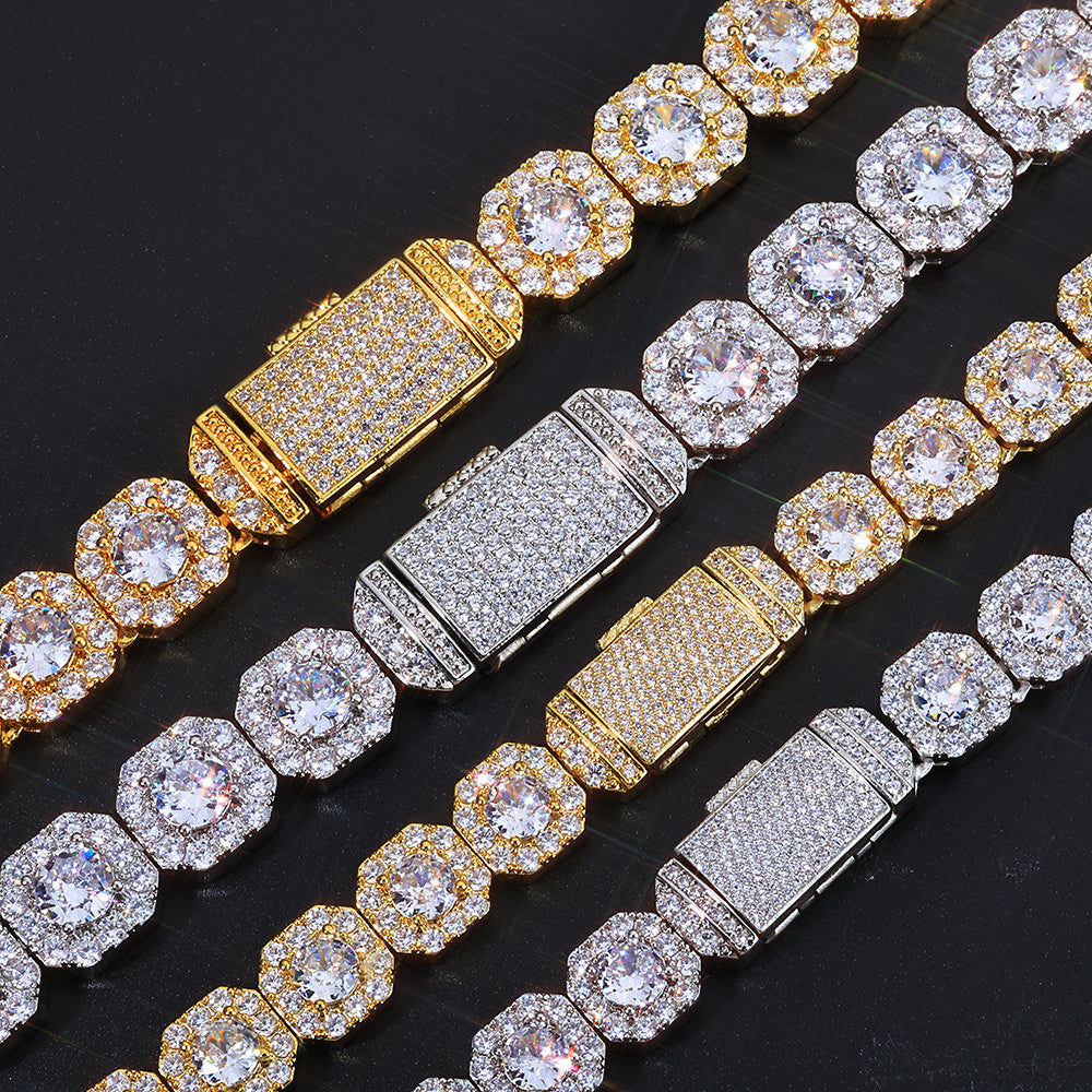 Stacking Geometric Zirconia-Set Hip Hop Chain Bracelet in Gold or White Gold – 10mm or 12mm Width