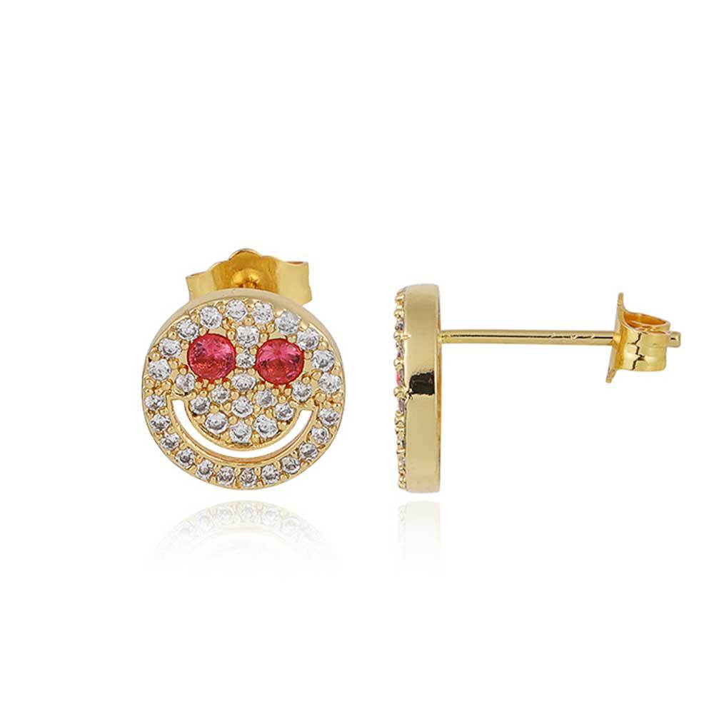 Smiling Face Zirconia Stud Earrings in Gold or White Gold Plated Brass with 925 Sterling Silver Posts