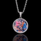 Hip Hop Round Photo Pendant Necklace with Cubic Zirconia in Gold or White Gold