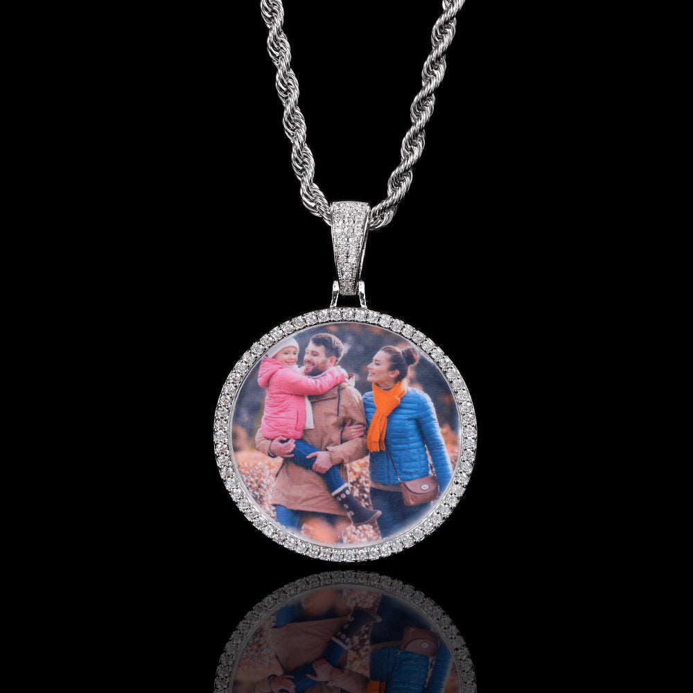 Hip Hop Round Photo Pendant Necklace with Cubic Zirconia in Gold or White Gold