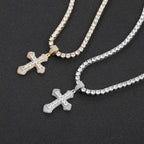 Geometric Cross Pendant Necklace with Cubic Zirconia Stones in Gold, White Gold, or Dual-Tone Finish