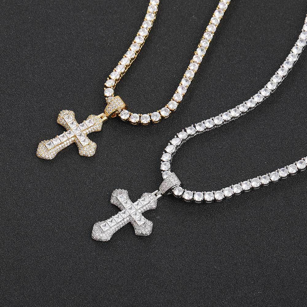 Geometric Cross Pendant Necklace with Cubic Zirconia Stones in Gold, White Gold, or Dual-Tone Finish