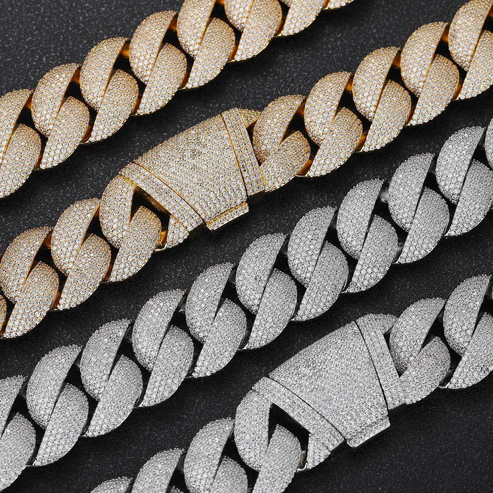 Stacking 24mm Cuban Chain Necklace and Bracelet Set with Zirconia Stones in Gold or White Gold